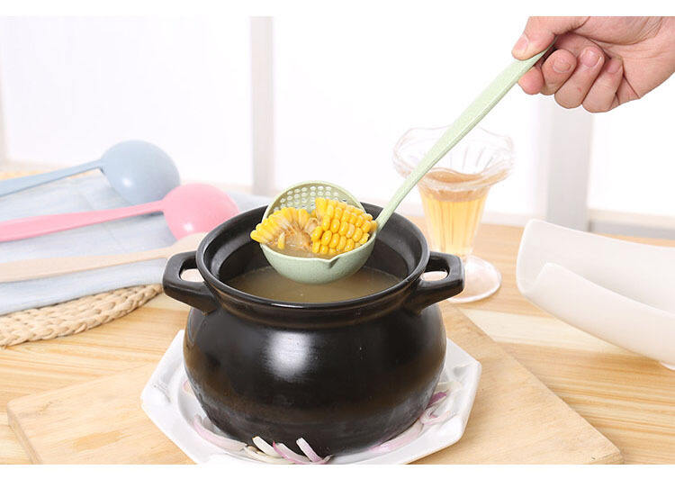 Wheat straw 2-in-1 household kitchen soup spoon Long handle plastic colander strainer tableware fondue spoon scoop supplier