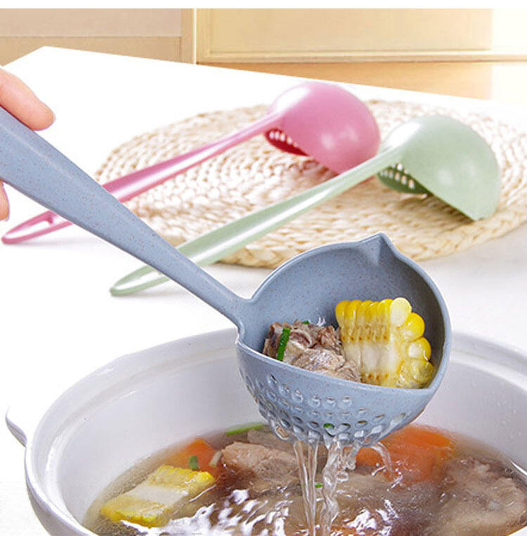 Wheat straw 2-in-1 household kitchen soup spoon Long handle plastic colander strainer tableware fondue spoon scoop factory