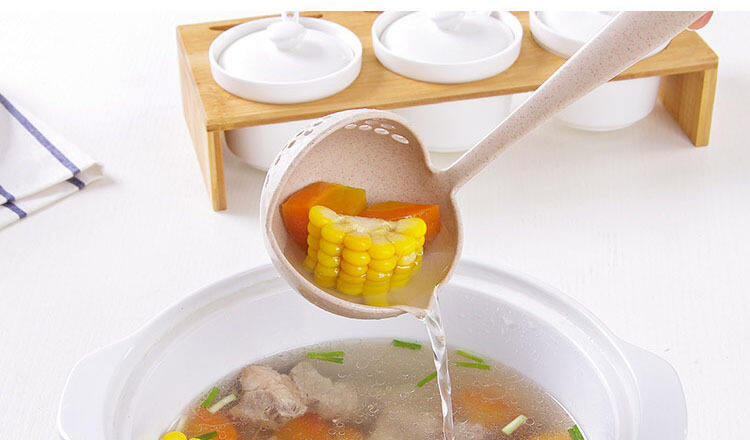 Wheat straw 2-in-1 household kitchen soup spoon Long handle plastic colander strainer tableware fondue spoon scoop details