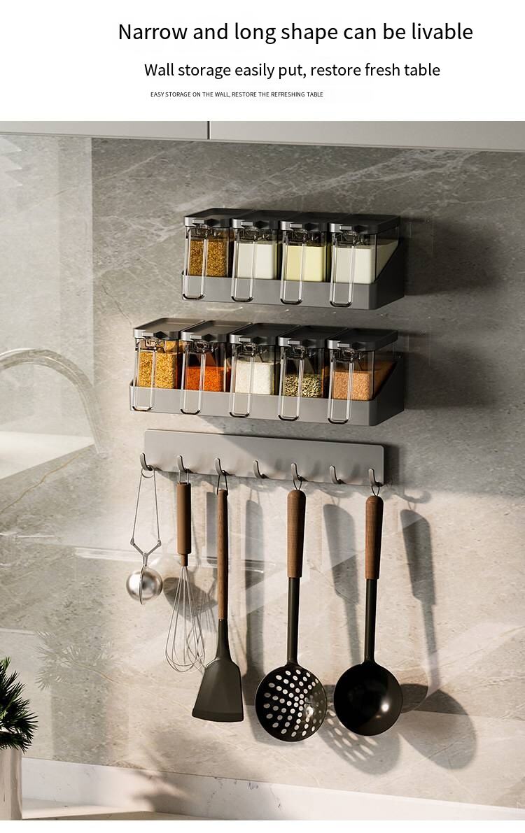 Kitchen shelving seasoning rack household wall hanging perforation-free multi-layer seasoning storage rack on the wall details