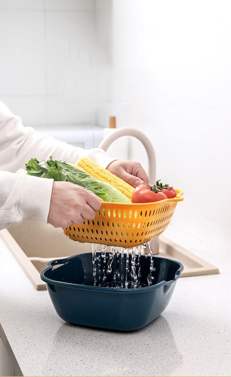 Cesta de drenaje de plástico multifuncional, cesta de lavado de cocina de seis piezas, cesta de frutas y verduras de doble capa, detalles