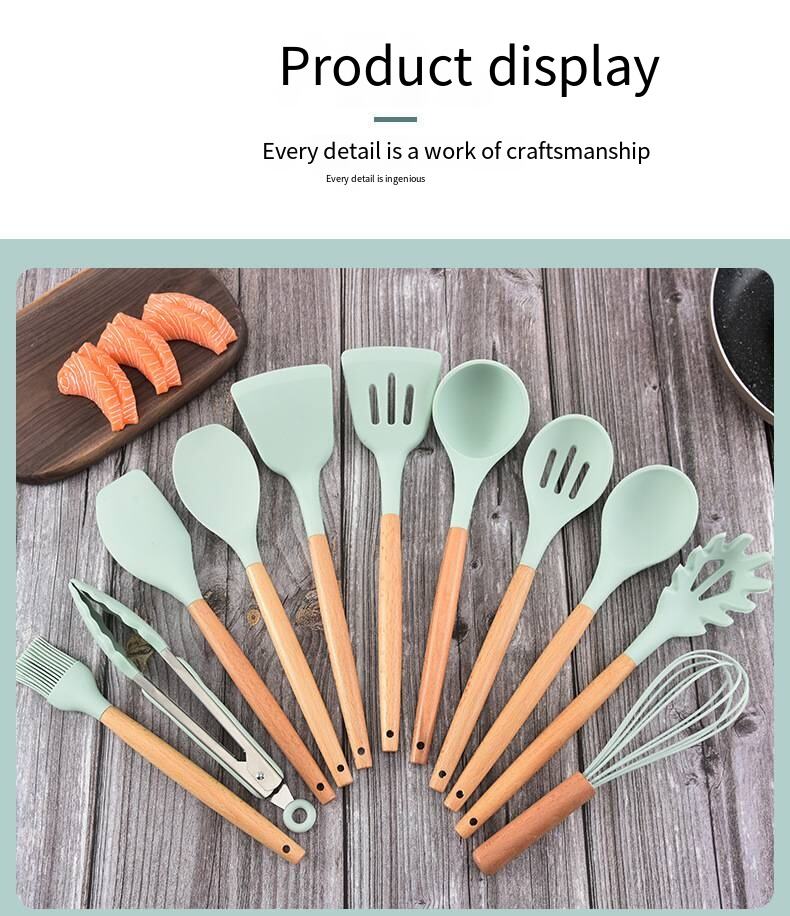 Manche en bois ustensile de cuisine en silicone 12 pièces poêle antiadhésive outils de cuisine spatule de cuisson cuillère ensemble d'outils de stockage de cuisson détails