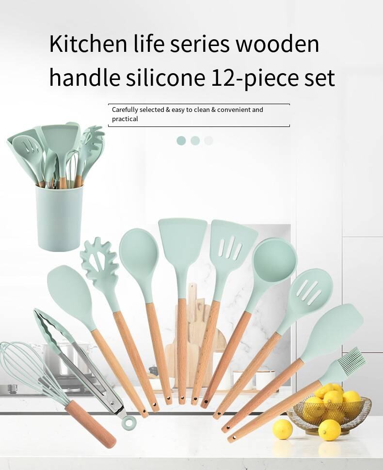 Wooden handle silicone kitchen utensil 12-piece non-stick frying pan kitchen tools Cooking spatula spoon Baking storage tool set factory