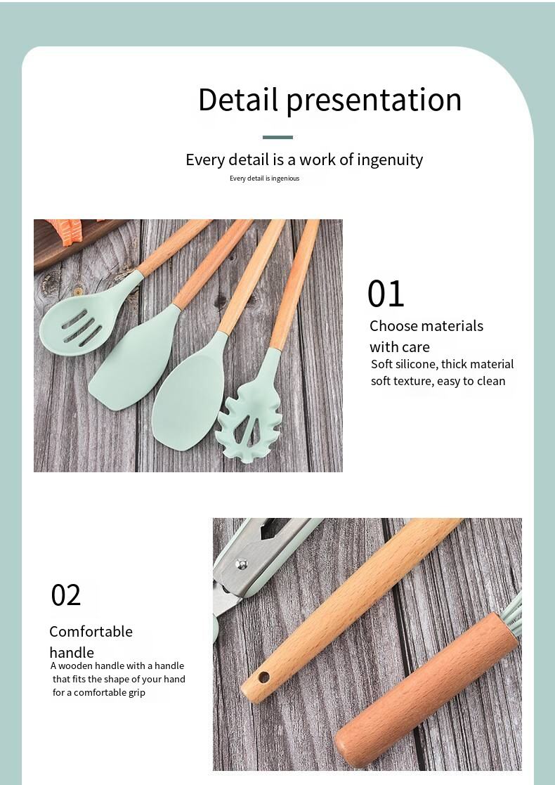 Manche en bois ustensile de cuisine en silicone 12 pièces poêle antiadhésive outils de cuisine spatule de cuisson cuillère ensemble d'outils de stockage de cuisson détails