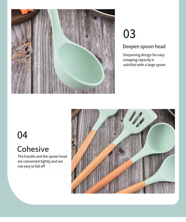 Manche en bois ustensile de cuisine en silicone 12 pièces poêle antiadhésive outils de cuisine spatule de cuisson cuillère ensemble d'outils de stockage de cuisson fabrication