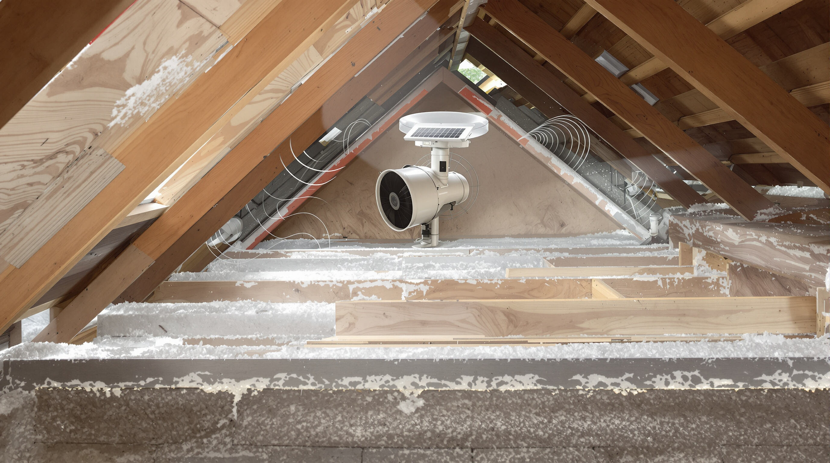 Attic interior with solar fan circulating air, showing reduced moisture and healthy building materials
