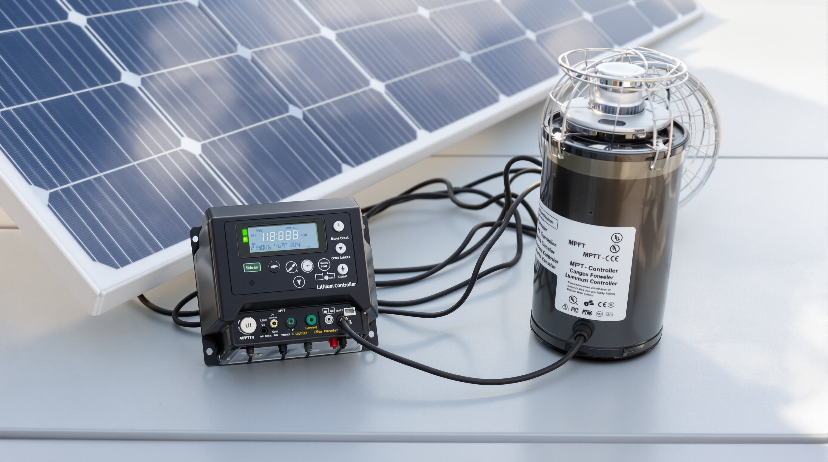 Close-up of a modern solar-powered fan system with a solar panel, charge controller, and battery setup.