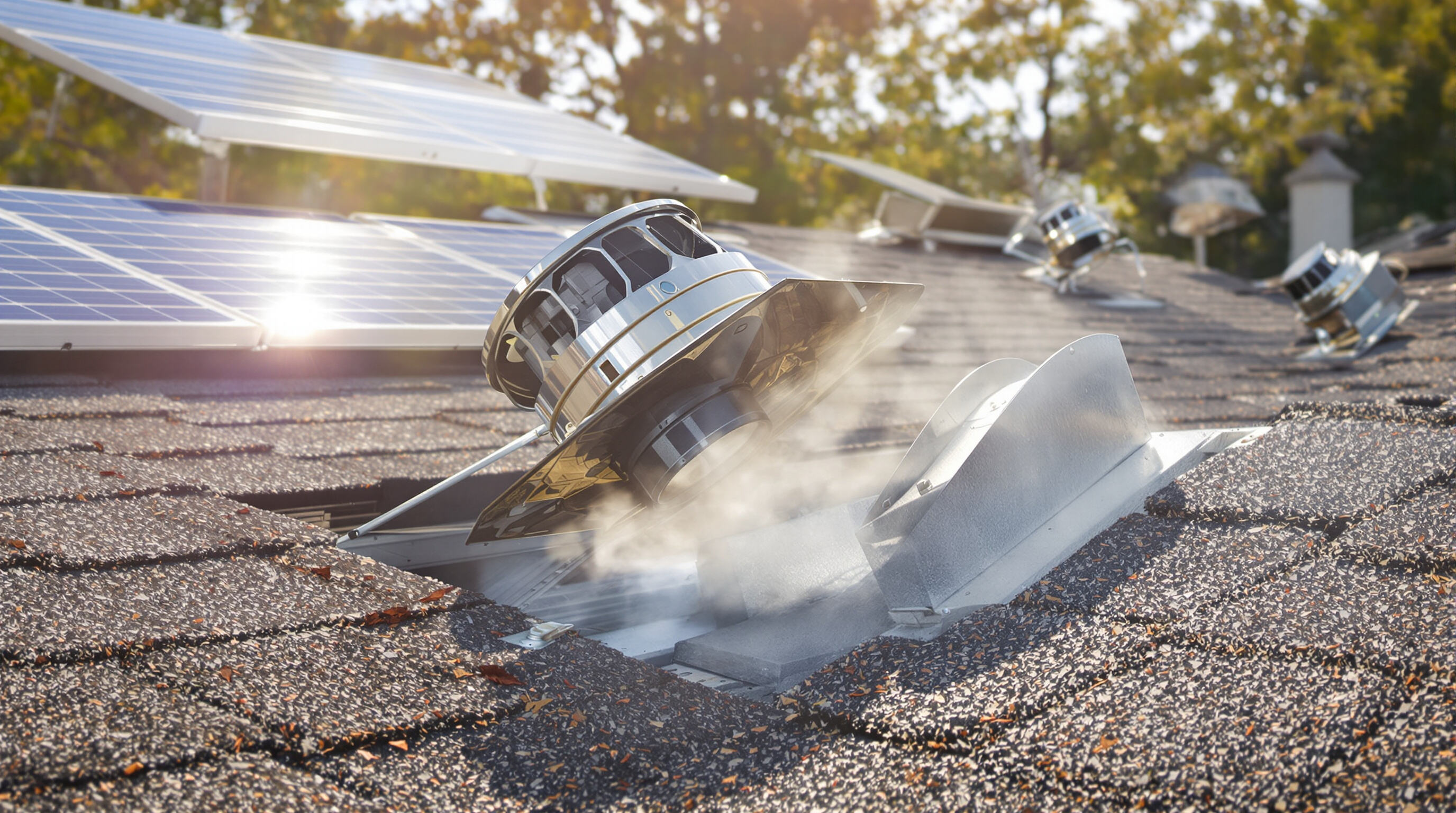 Solar-powered attic fan expelling hot air on a rooftop with visible solar panels