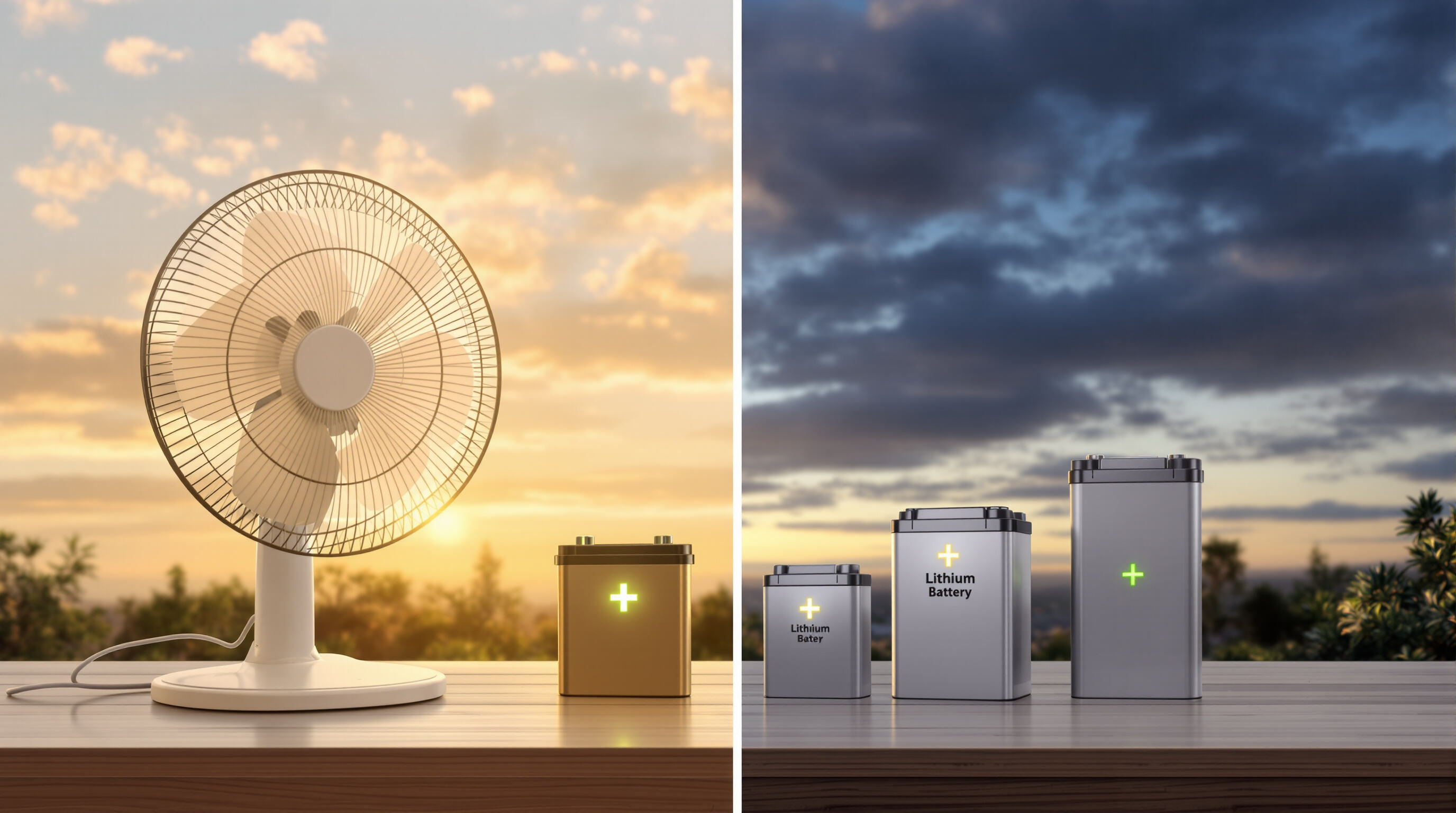 Solar fan and lithium batteries on a table with a backdrop showing transition from sunlight to dusk.