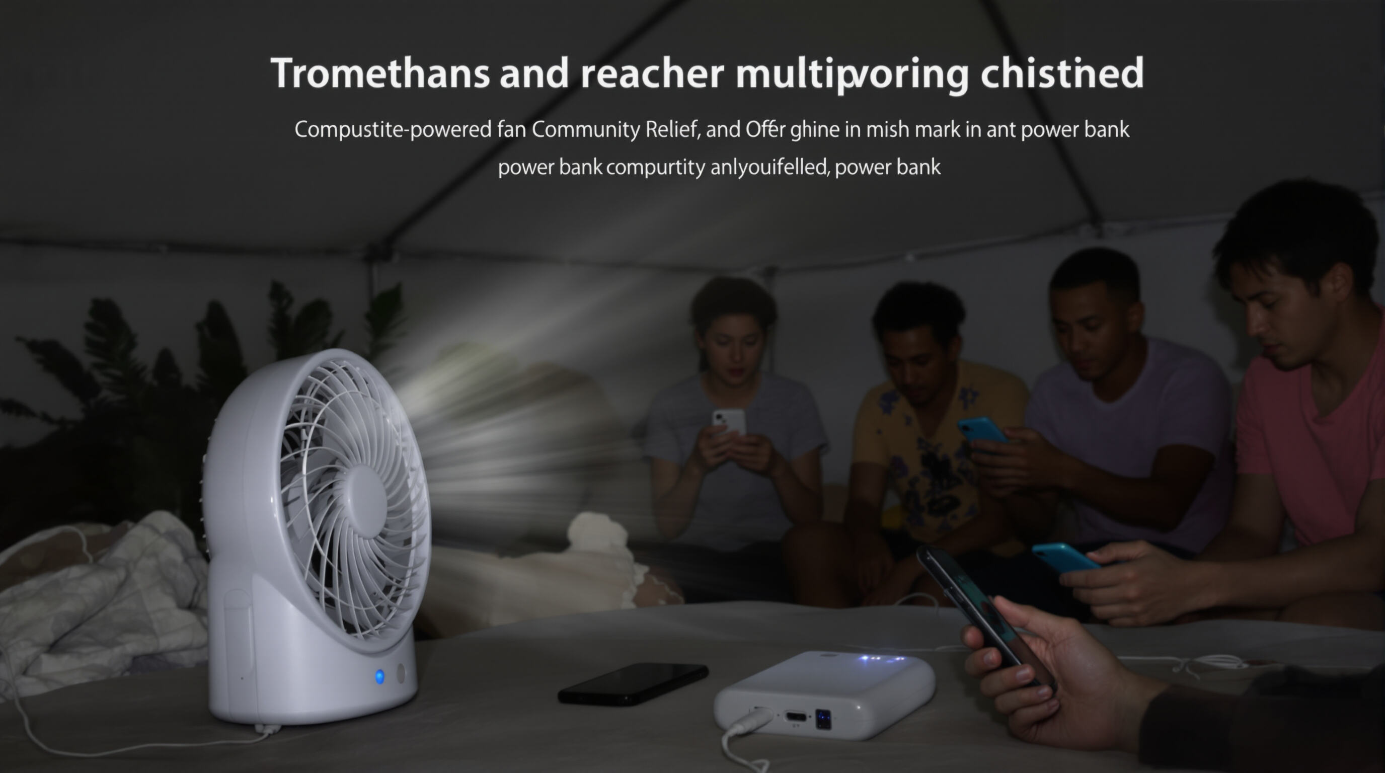 Battery-powered fan in emergency shelter with people cooling off and charging phones