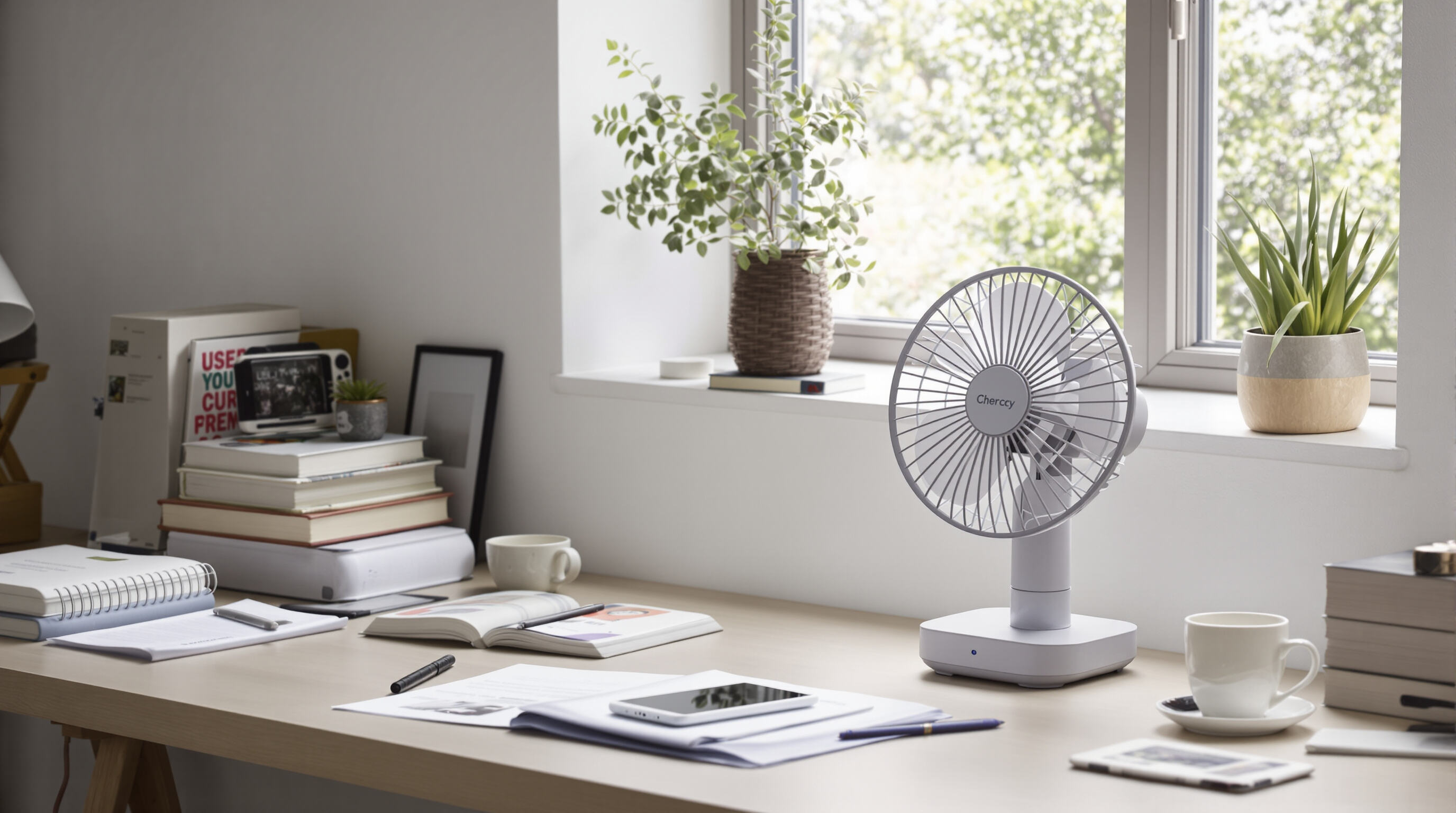 A compact rechargeable fan on a desk and windowsill, demonstrating space-saving design features.