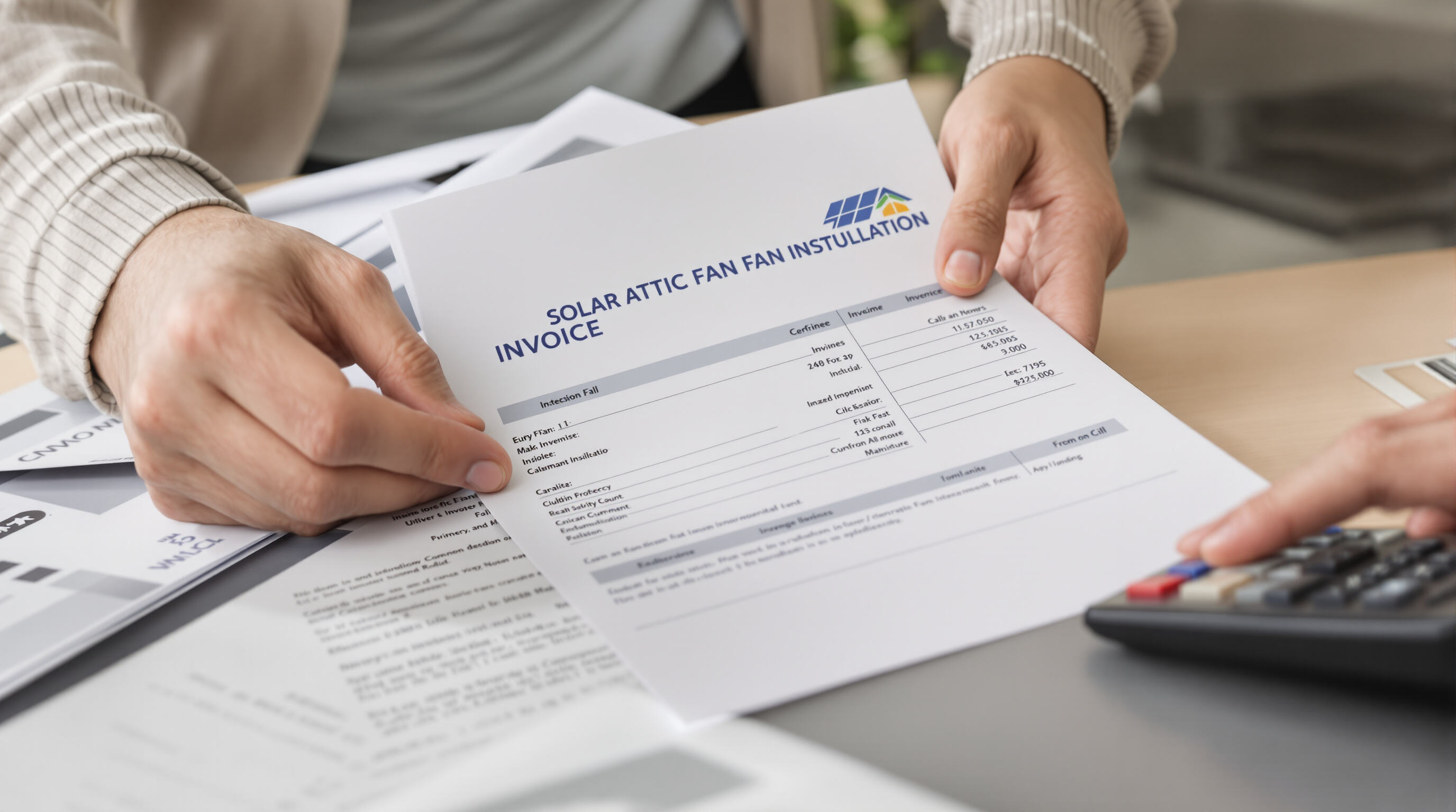 Hands reviewing solar fan installation paperwork and electric bill