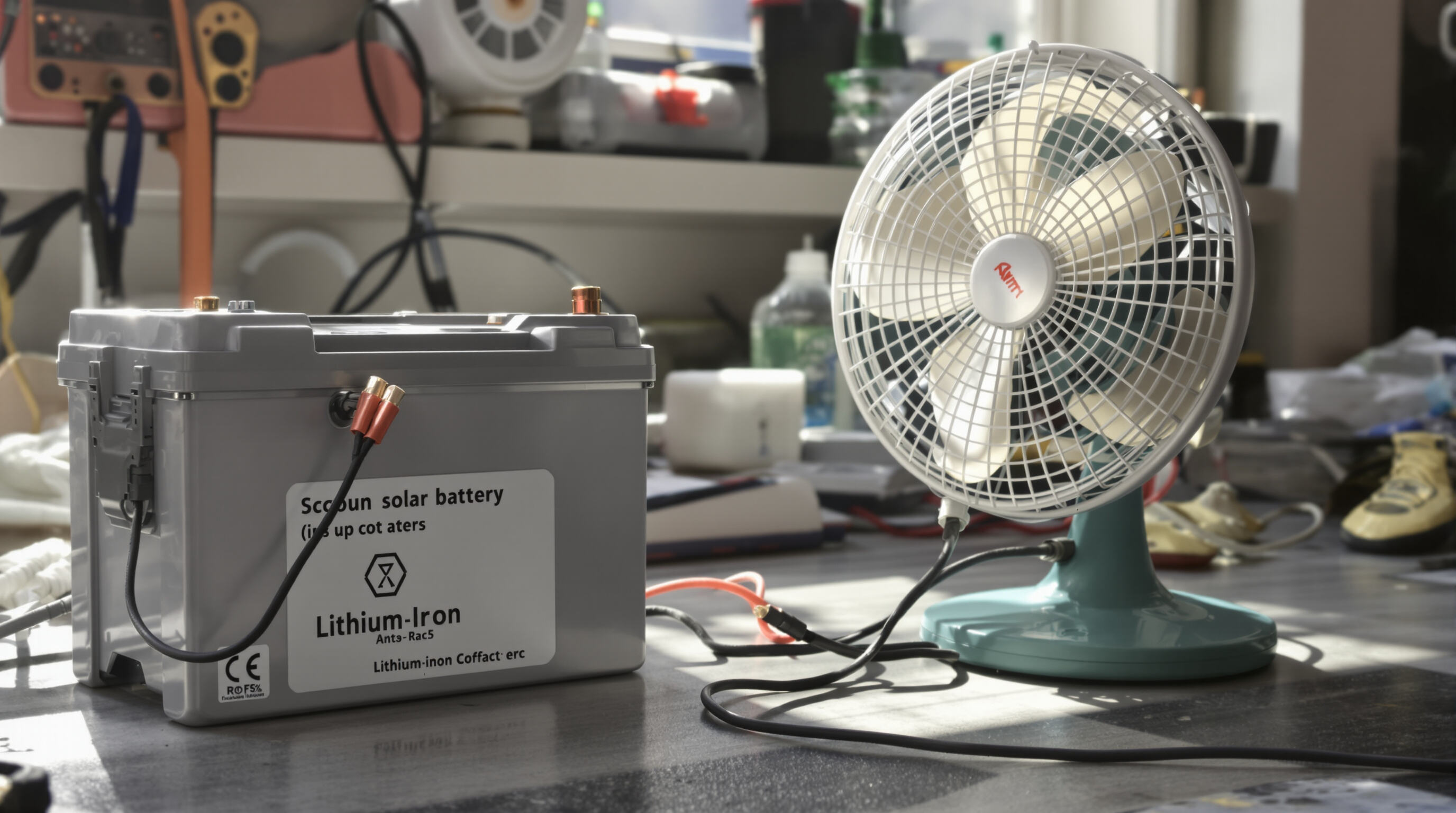 Lithium-ion battery powering a solar fan tested for durability in sunlight