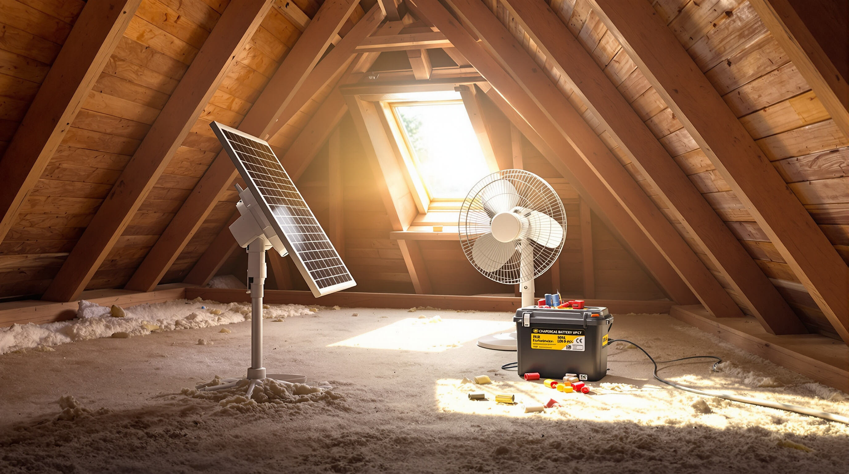 Solar fan with battery operating in an attic powered by rooftop solar panel