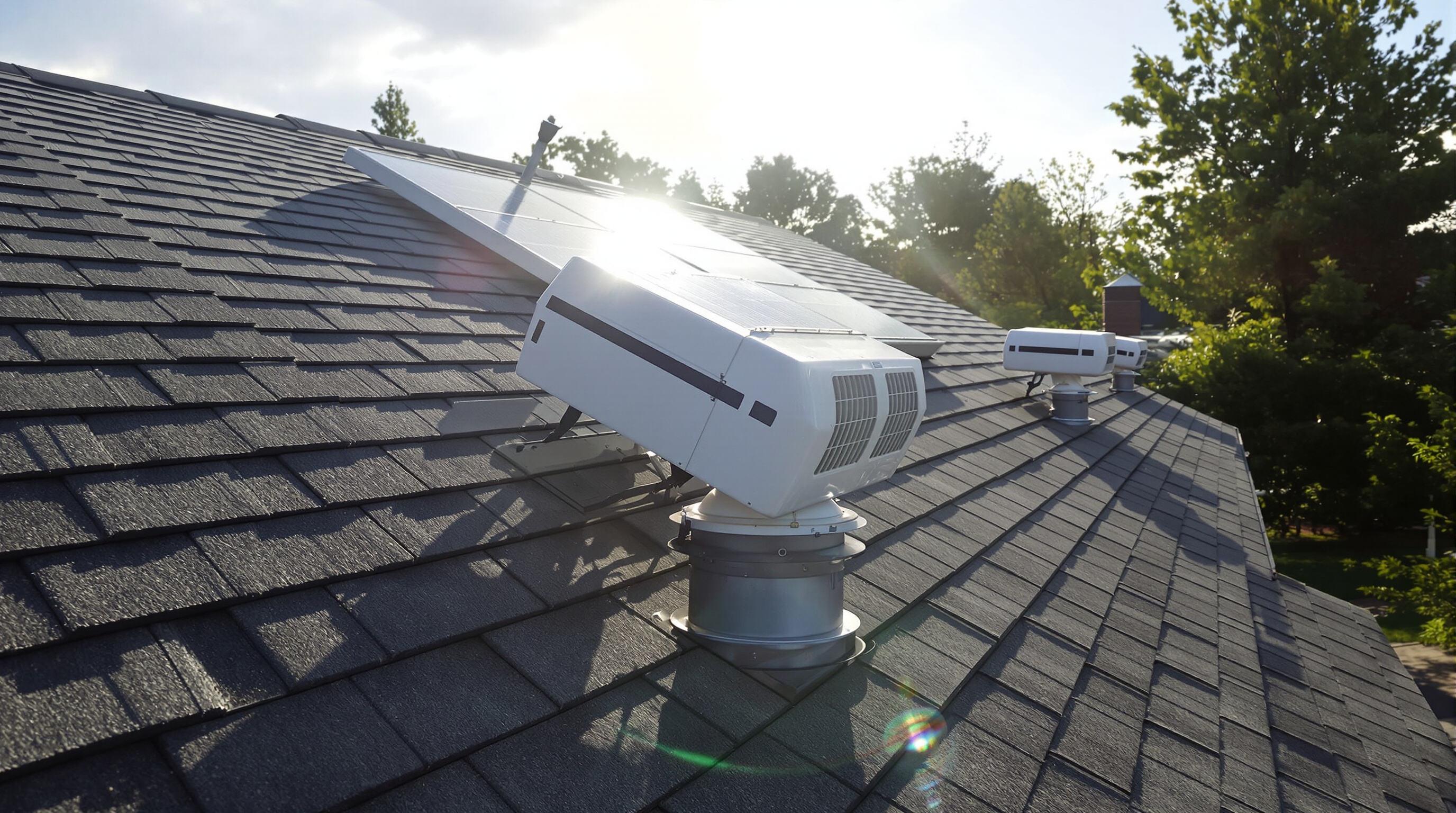Modern house roof with solar-powered attic fans under sunlight