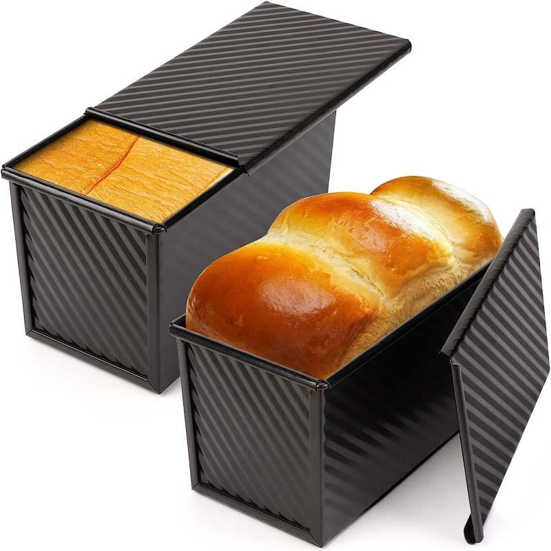 Pullman Loaf Pan 2 Pack 1 lb Non Stick Bread pan With Lid Carbon Steel Corrugated Bread Toast Box Mold With Cover For Bakeware Bread Baking Tools Bread Mold Toast For Oven Baking