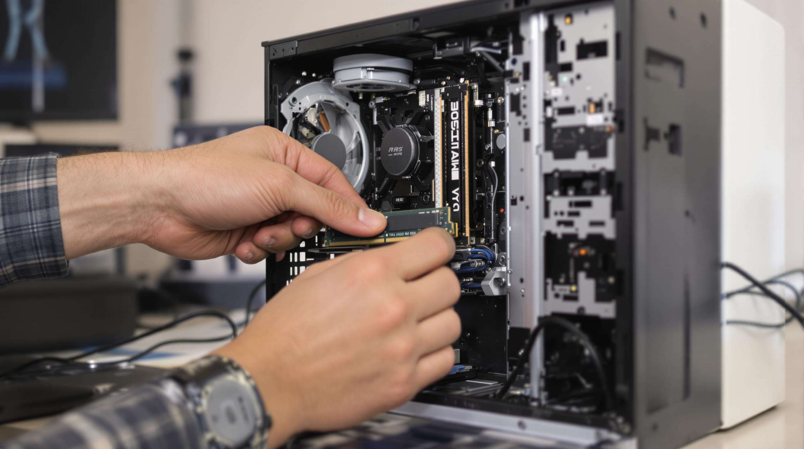 Photo of hands upgrading RAM in an open mini PC, showing modular and repairable components on a clean desk.