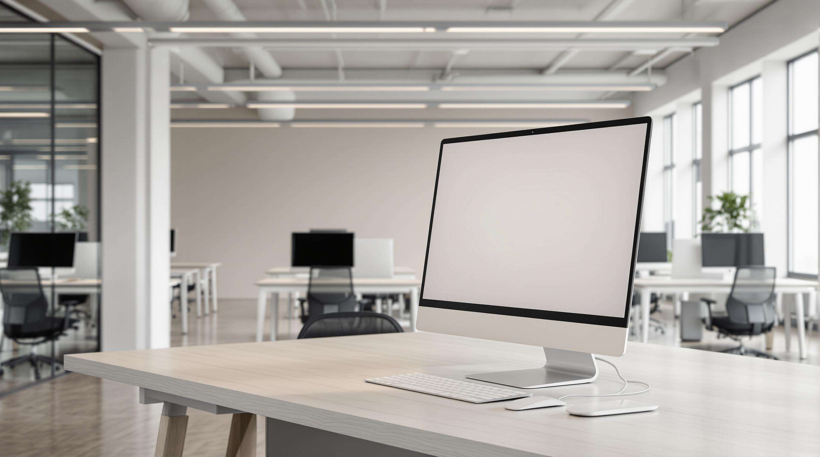 Side photo showing a tidy desk with a modern all-in-one PC in a spacious, uncluttered office