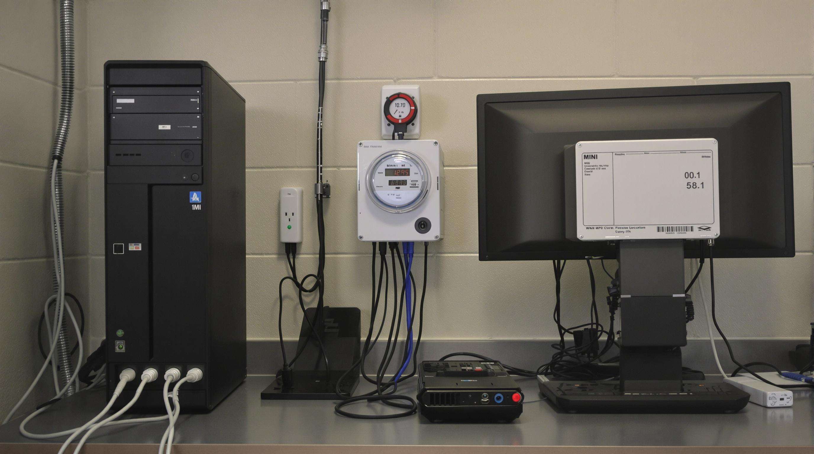 Side-by-side school computer setups showing large desktops using more electricity and compact mini PCs drawing less power.