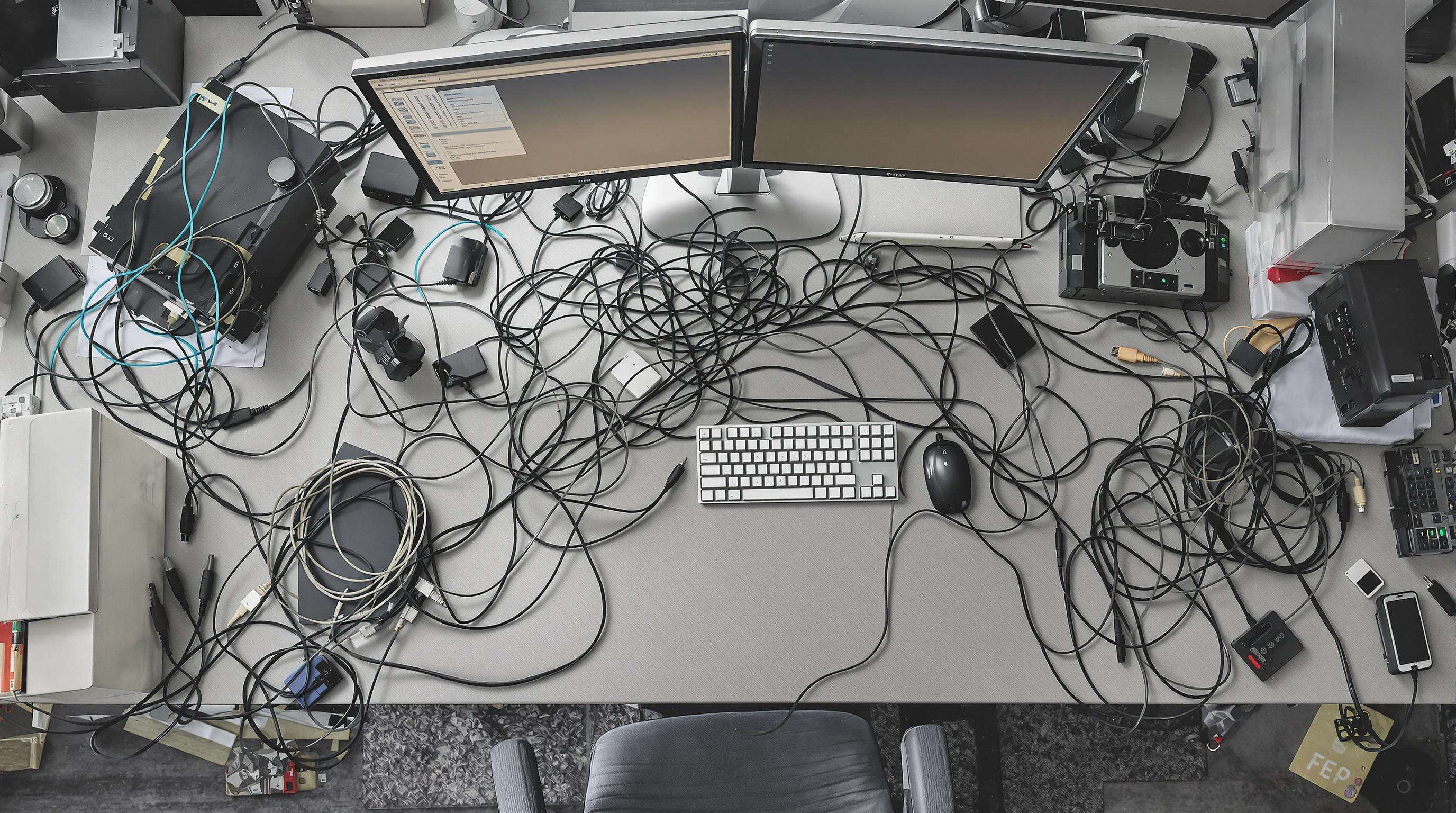 Overhead photo of a cluttered office desk with tangled cables, multiple monitors, and a traditional desktop computer