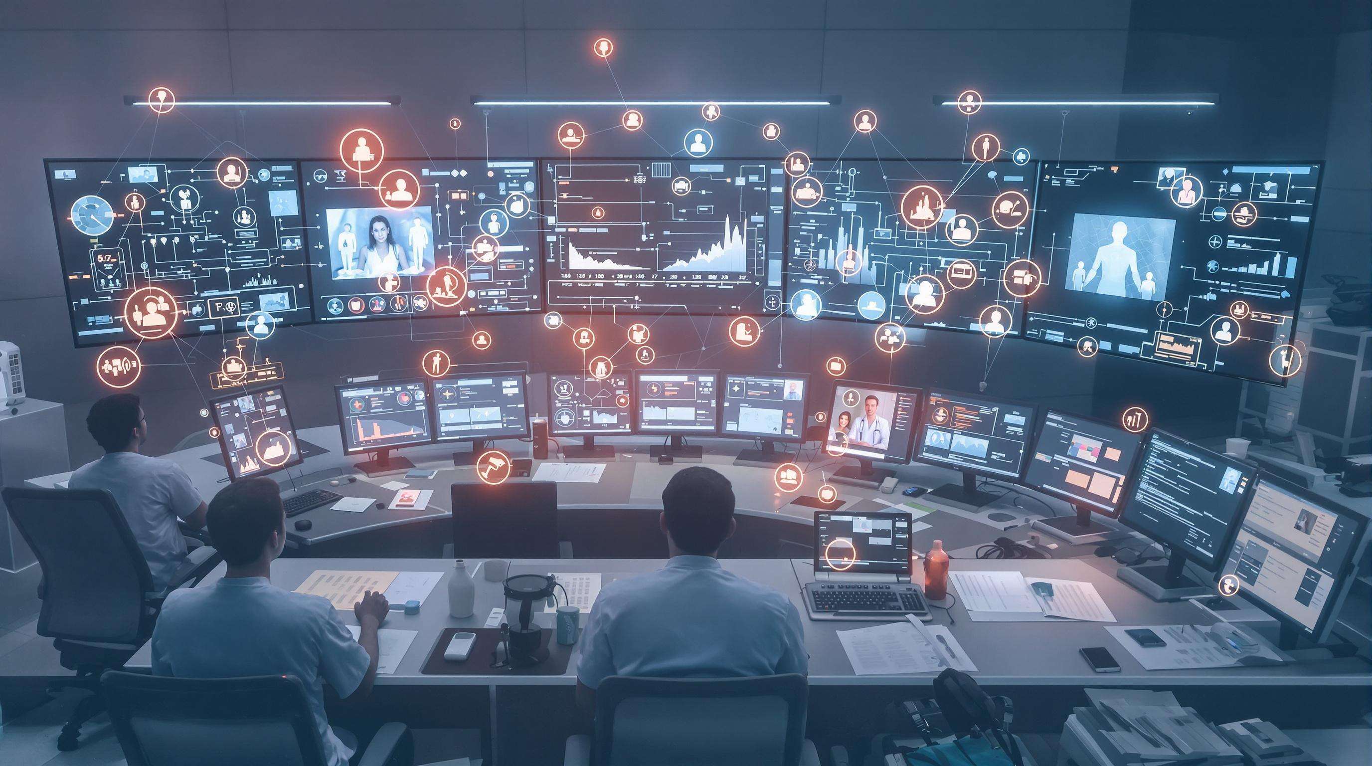Healthcare professionals using digital systems in a hospital command center for automated and AI-driven workflows