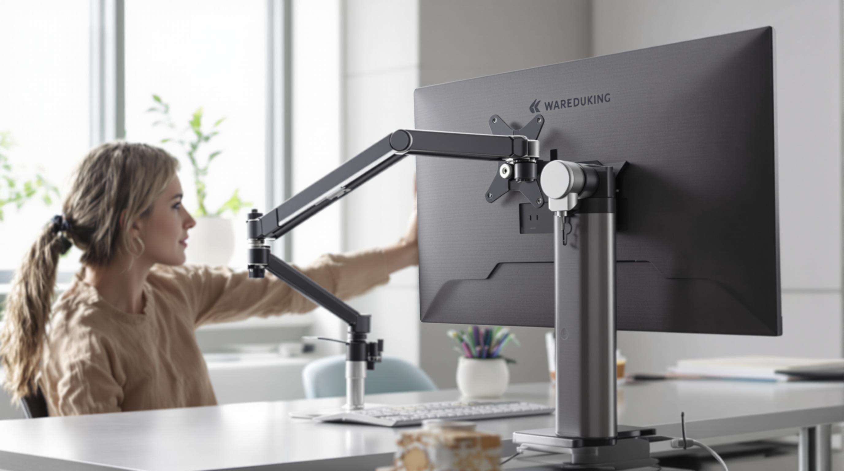 Person adjusting monitor height on a VESA-mounted all-in-one PC for ergonomic posture