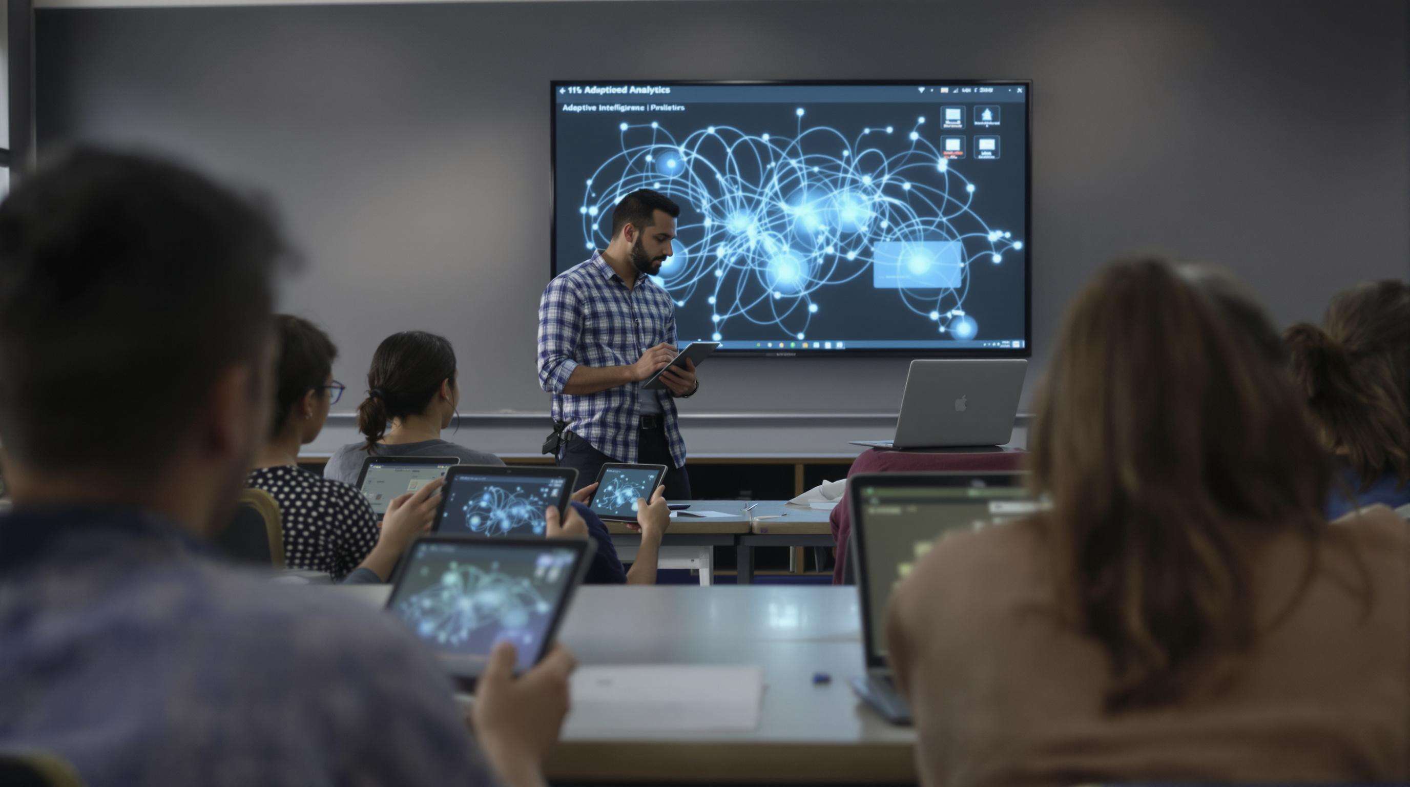 Students using tablets and a teacher viewing adaptive analytics, with AI connections visualized in a classroom