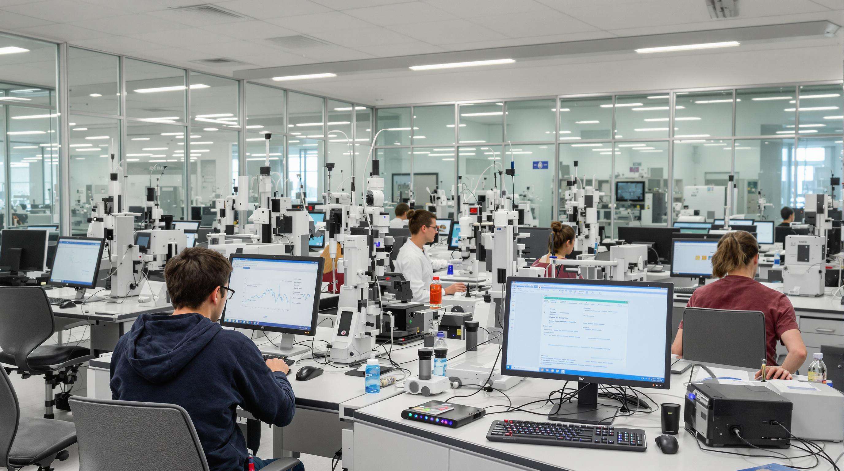University science lab with students using mini PCs at experimental stations connected to sensors and lab equipment.