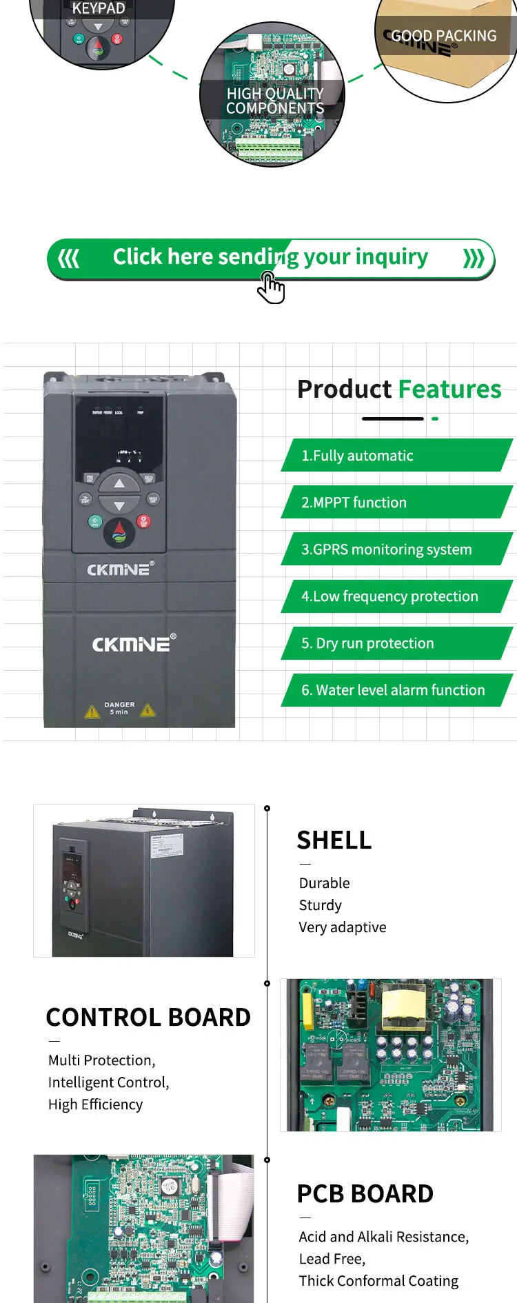 CKMINE SP800 핫 세일 2.2kw 2000w VFD 220v 단상-3상 380v MPPT 펌프 충전 컨트롤러 인버터 세부 정보