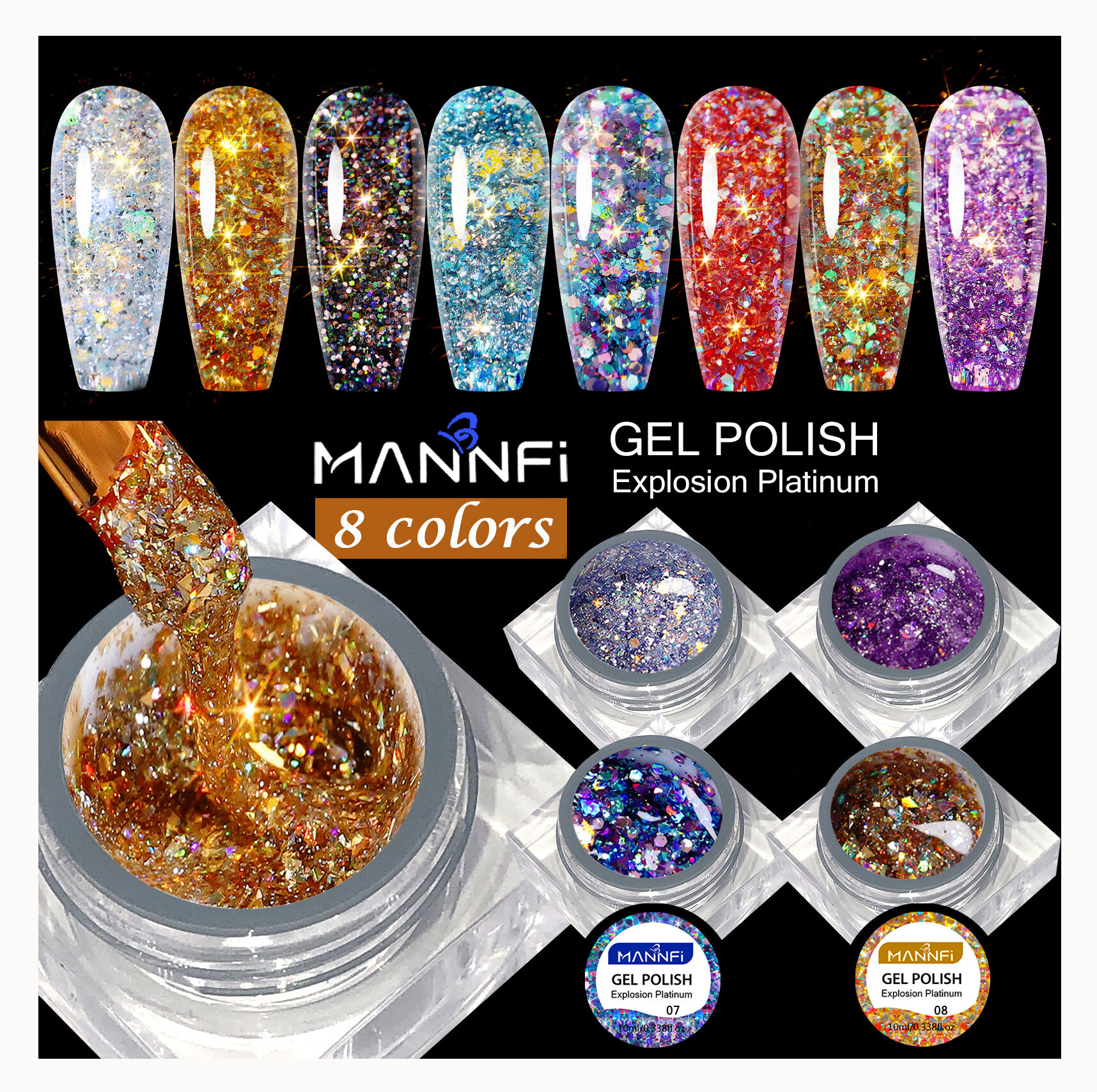 MANNFI Professional Supplier 8 Colors Kit Soak Off UV High Density Reflective Glitter Sequins Gel Nail Polish Set Explosion Gel details