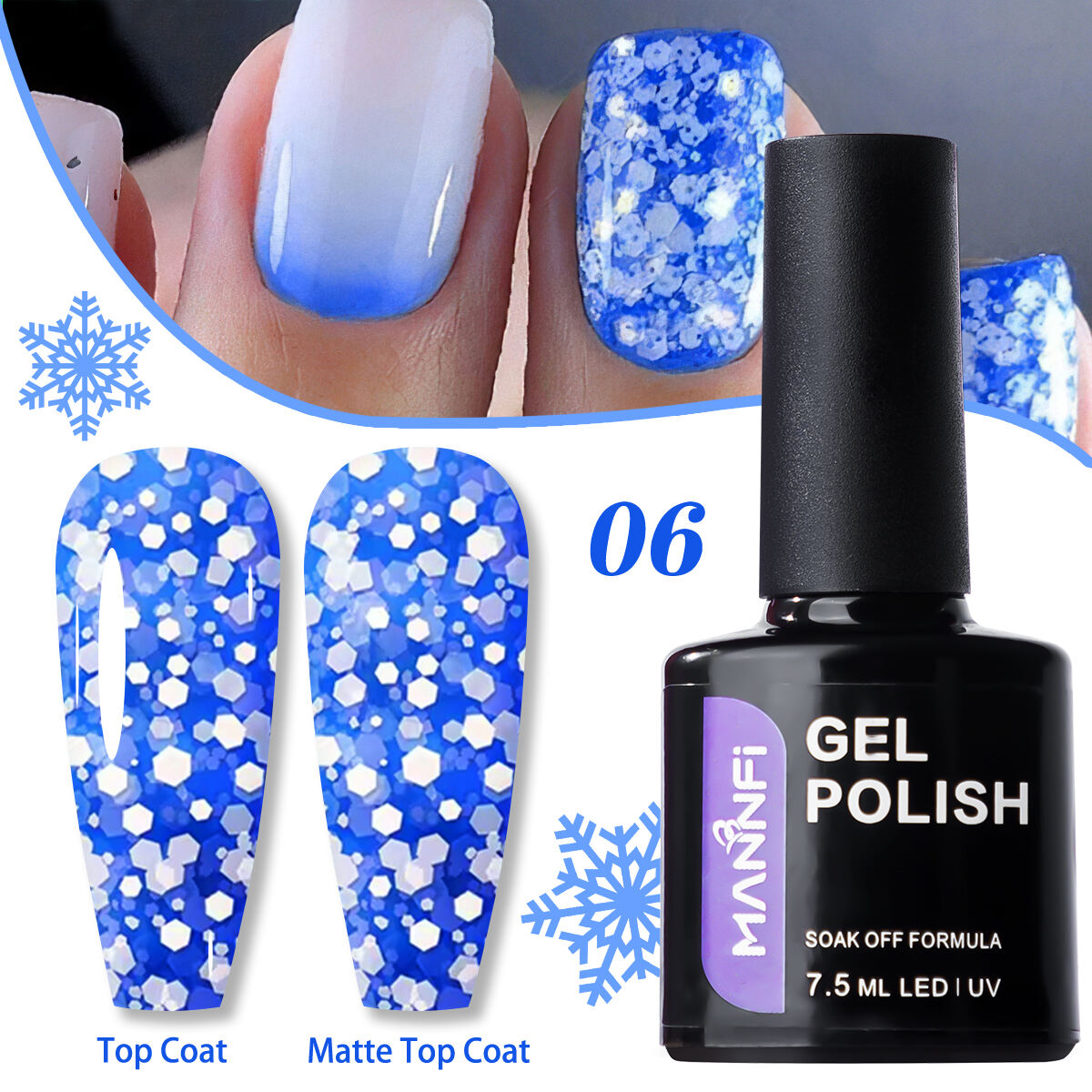MANNFI Factory Top Quality Cheap Price Nail Suppliers Long Lasting UV Gel Nail Polish Snowflake In Stock 8 Colors details