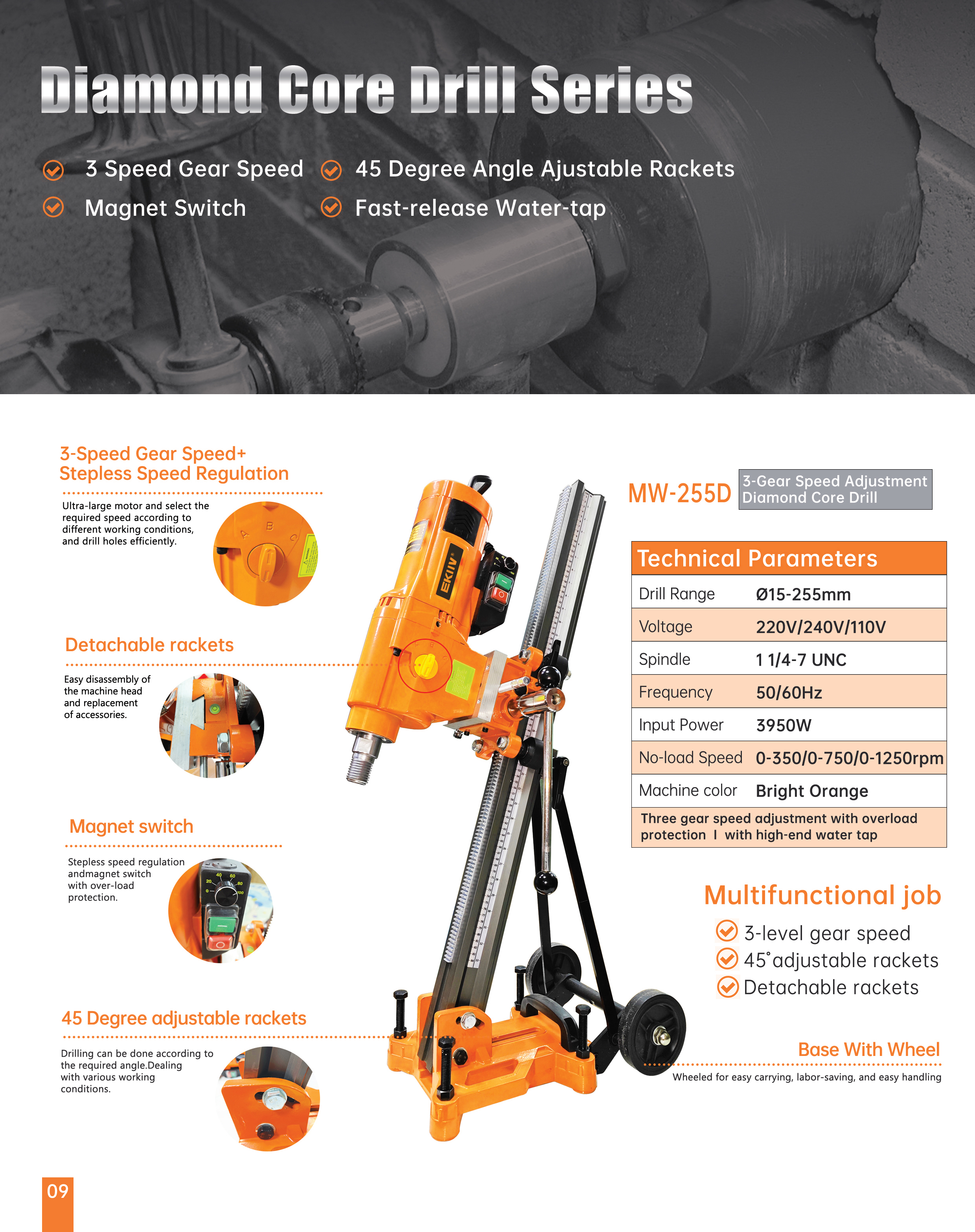 EKIIV MW-168C 110V 220V small Portable Concrete Core Drill Bits Multi-Purpose Diamond Wet Concrete cutting with angle stand factory