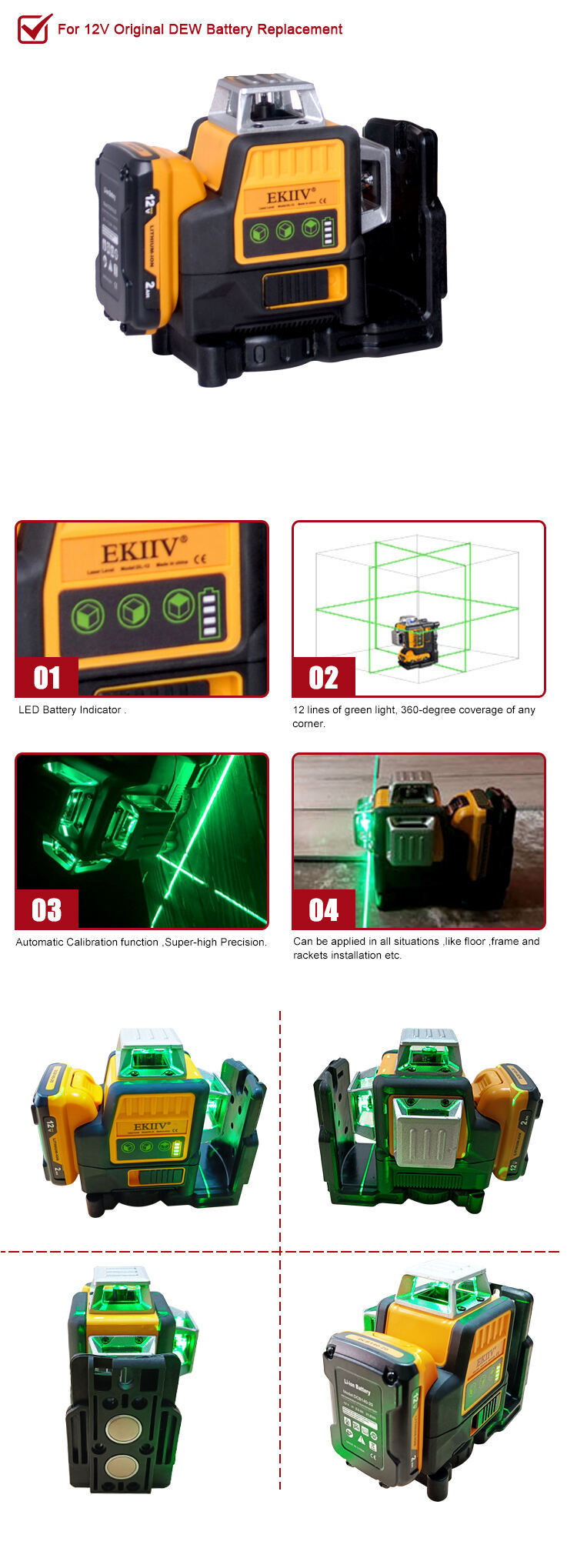 12 lines Green Self-Leveling 360 degree 12V 2.0A machine tool Horizontal Vertical laser level With Remote Control 4D laser level factory