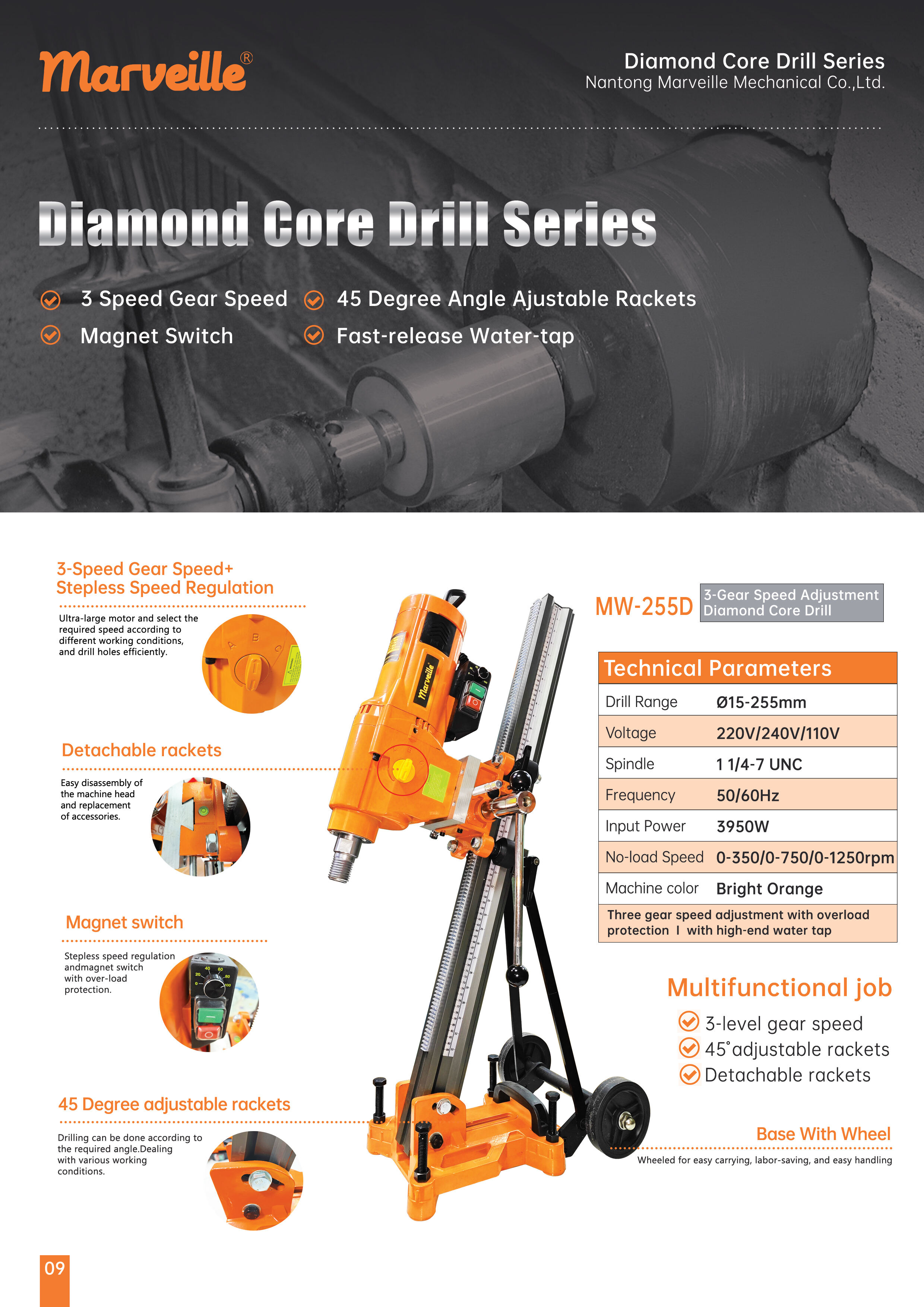 OEM 110V 250mm 3980W 3 gear speed angle Aluminum base knock-down removable high power motor Concrete Drilling Machine with wheel supplier