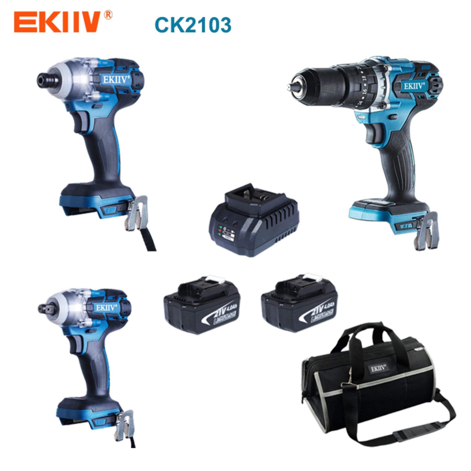 CK2103 EKIIV 3 in 1 Akku 18V 21V 6.0A Hammerbohrer Schlagwinkelschrauber Akku-Kombi-Set