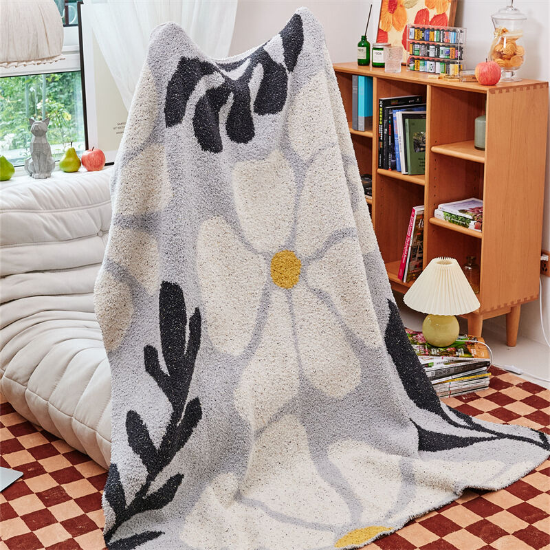 Flower print 100% microfiber super soft feather yarn knitted throw blanket for home decoration HQ supplier