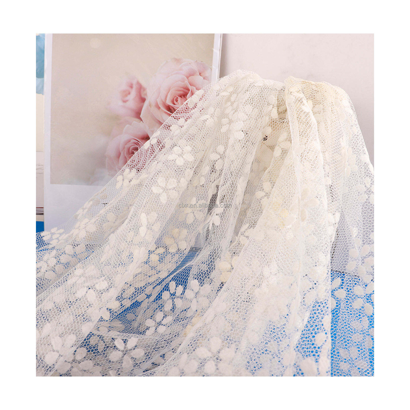 100% Polyester Tulle Fabric White Velvet Floret Flocked Tulle Lace Embroidery Fabric Decoration