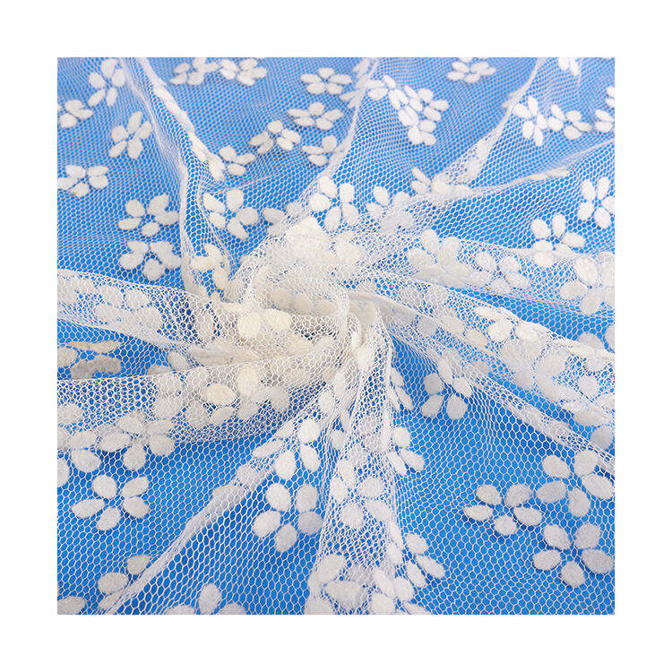 Hot selling 100% polyester breathable and waterproof white velvet floret tulle lace embroidery fabric