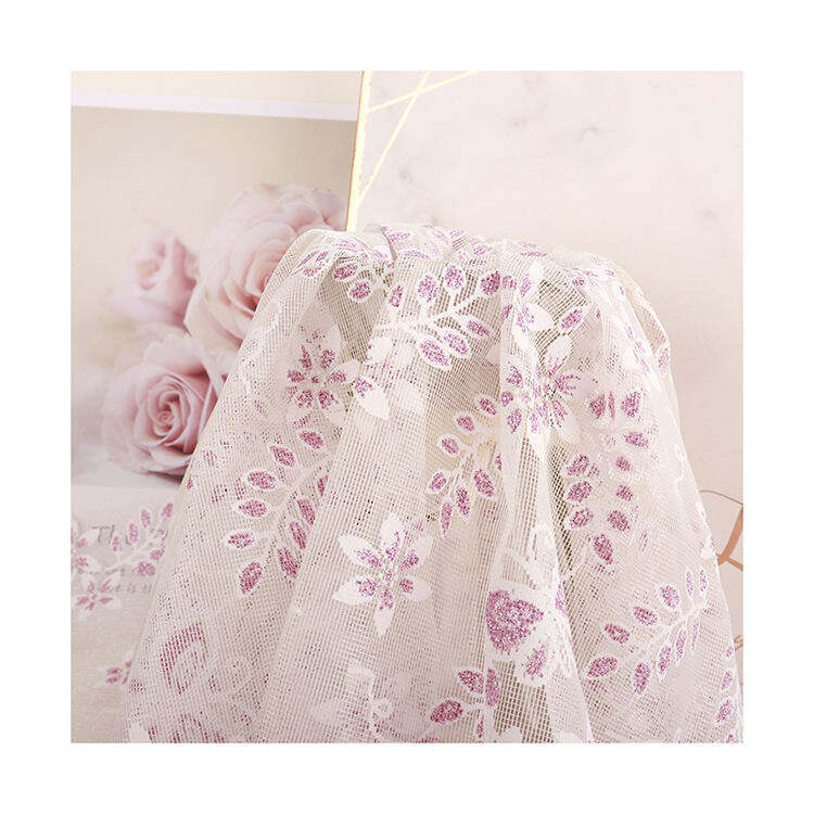 new arrival pink silver butterfly flower leaf embroidery tulle fabric 100% polyester printed fabric