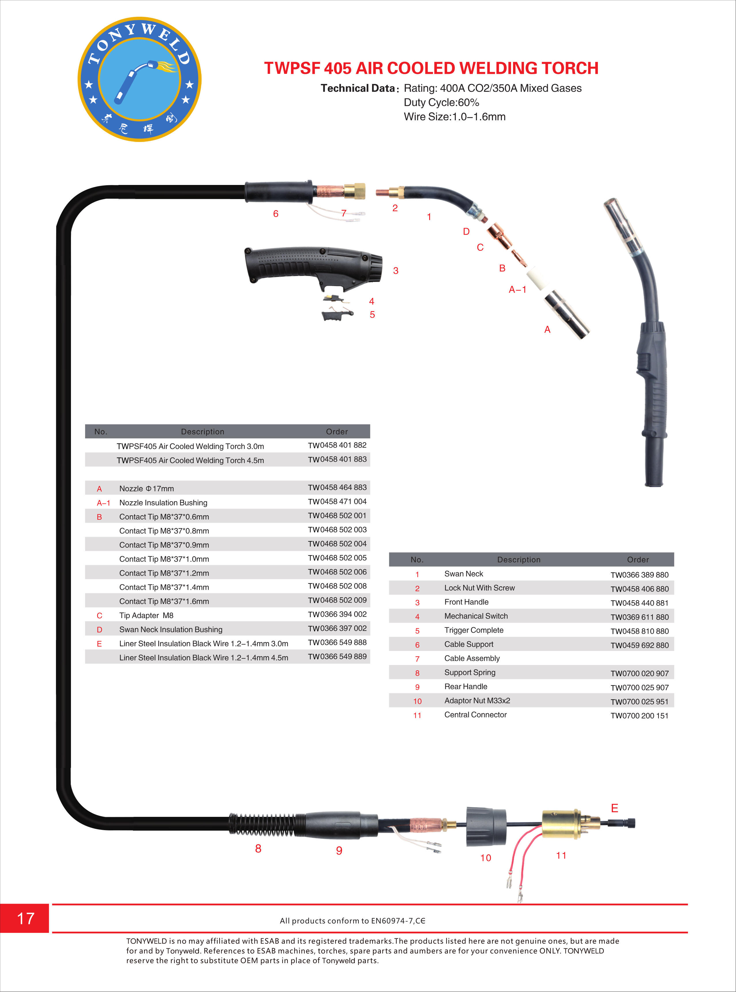 Esab PSF 405 gas air cooled CO2  Mig welding torches 3/4/5 M details