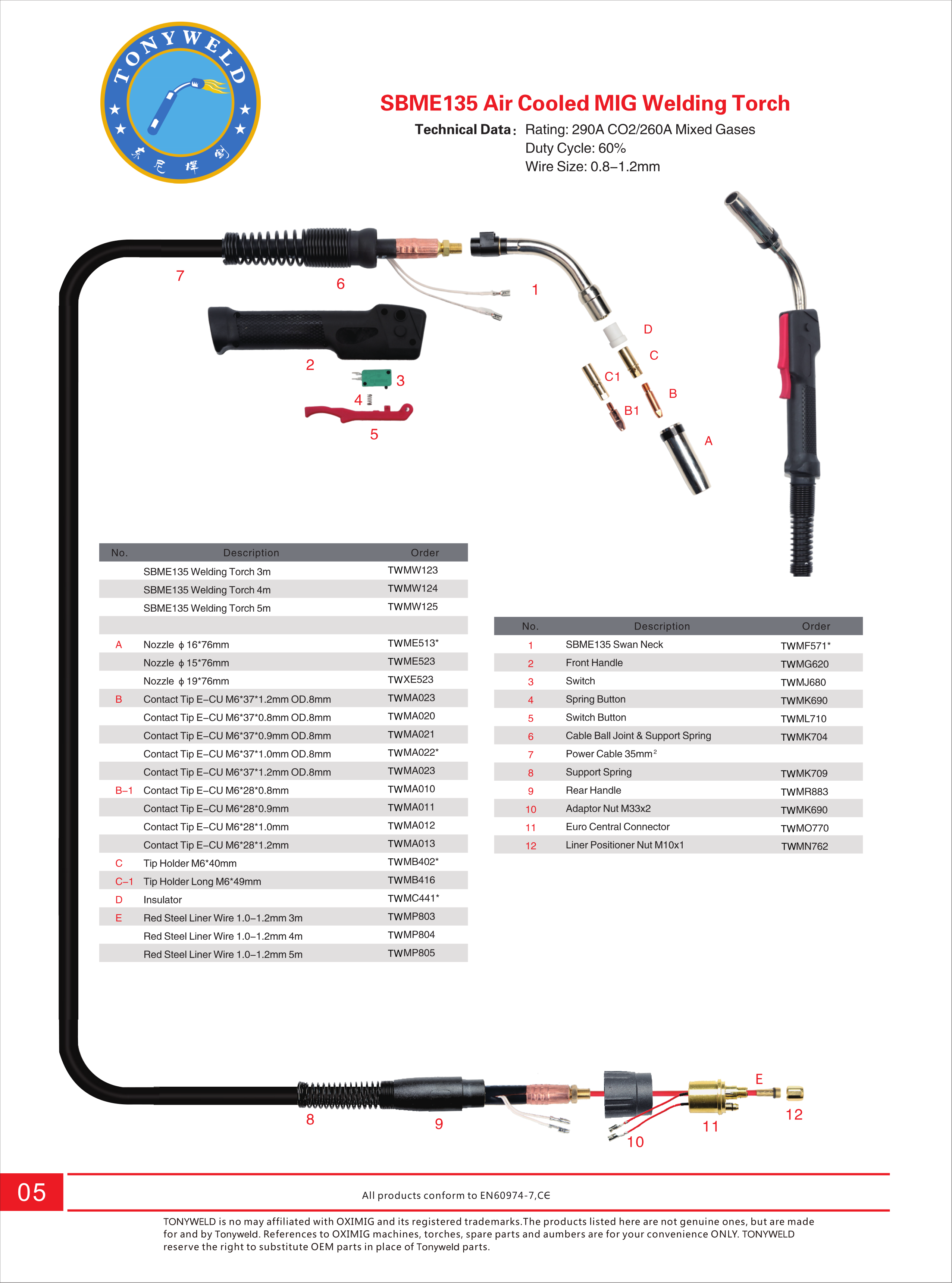 Brazil OX SBME 135 gas air cooled CO2  Mig welding torches 3/4/5 M manufacture