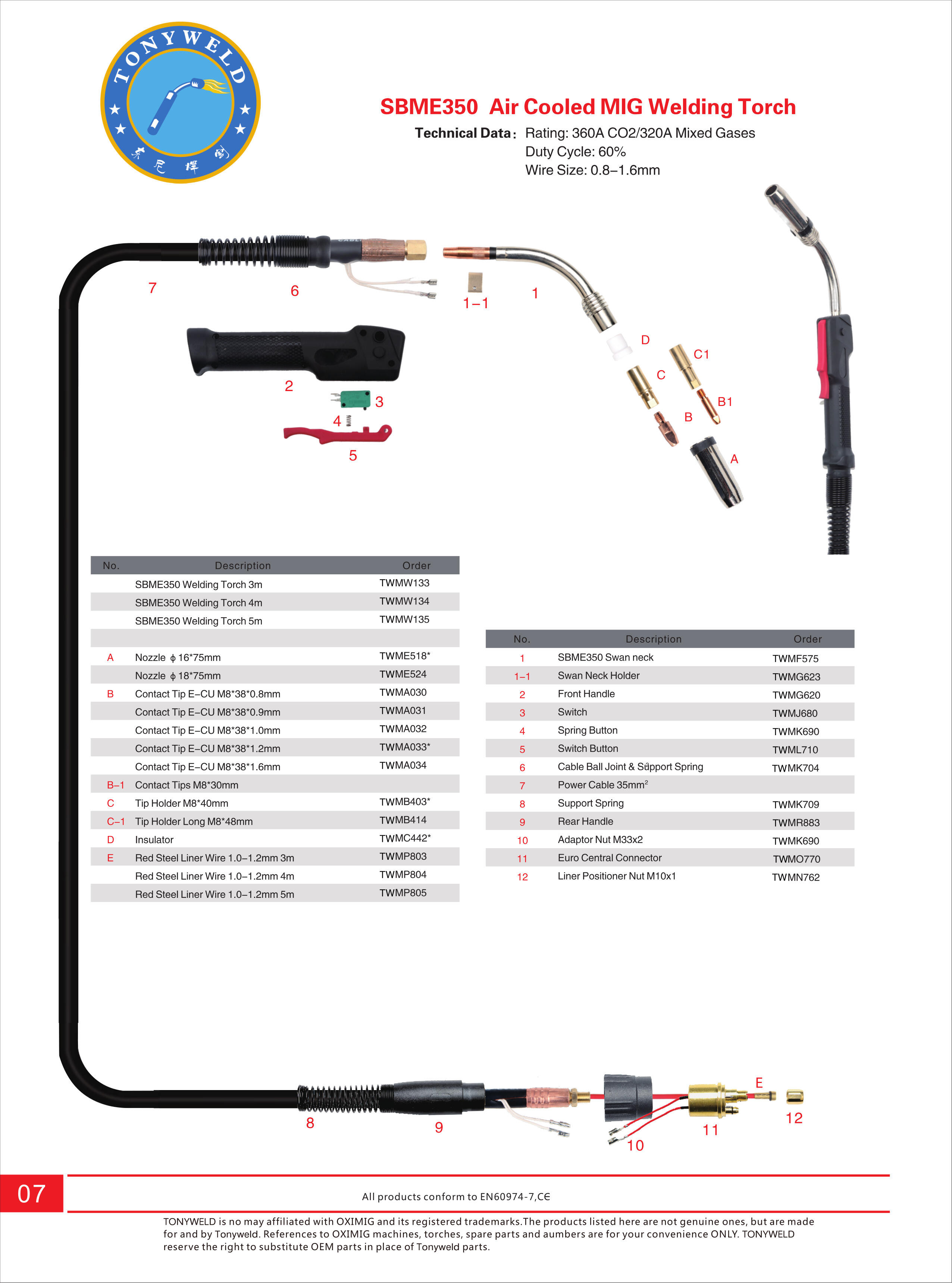 Brazil OX SBME 350 gas air cooled CO2  Mig welding torches 3/4/5 M supplier