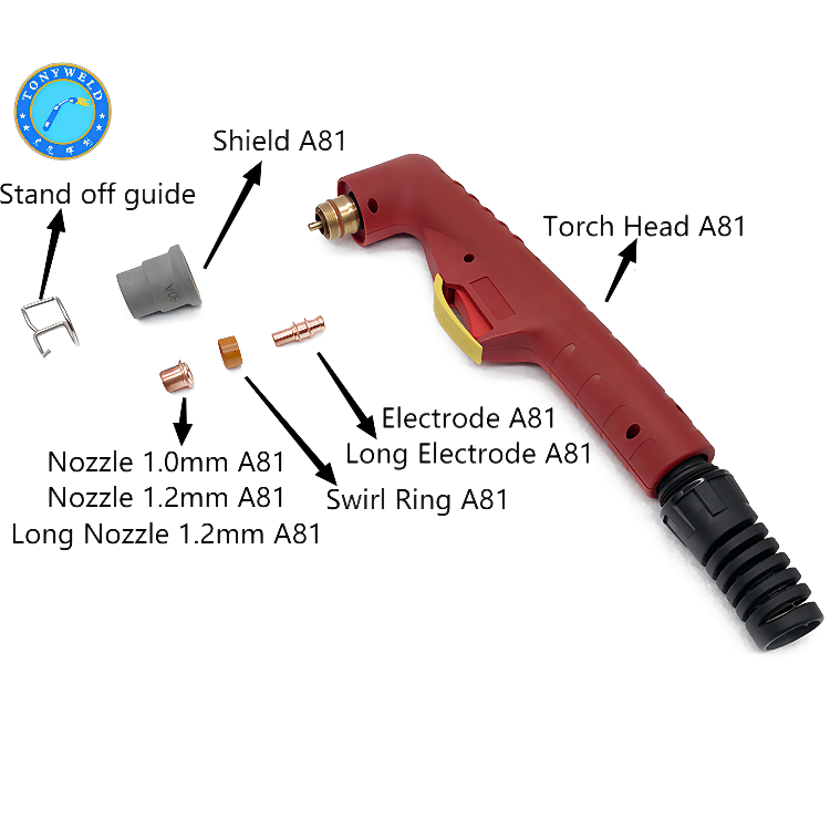 TONYWELD trafimet plasma torch head A81 cutting torch and A81 cutting accessories details