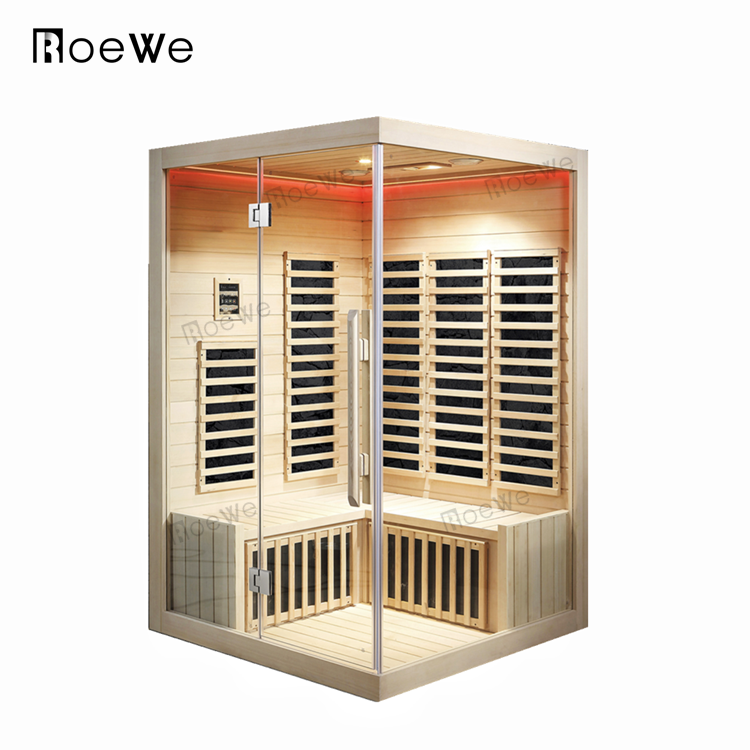 sauna interna de madeira com banco de cicuta sala de sauna infravermelha distante