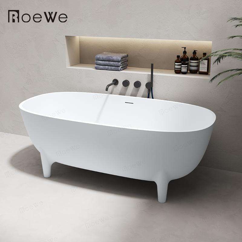 matte white artificial stone freestanding bathtub with legs