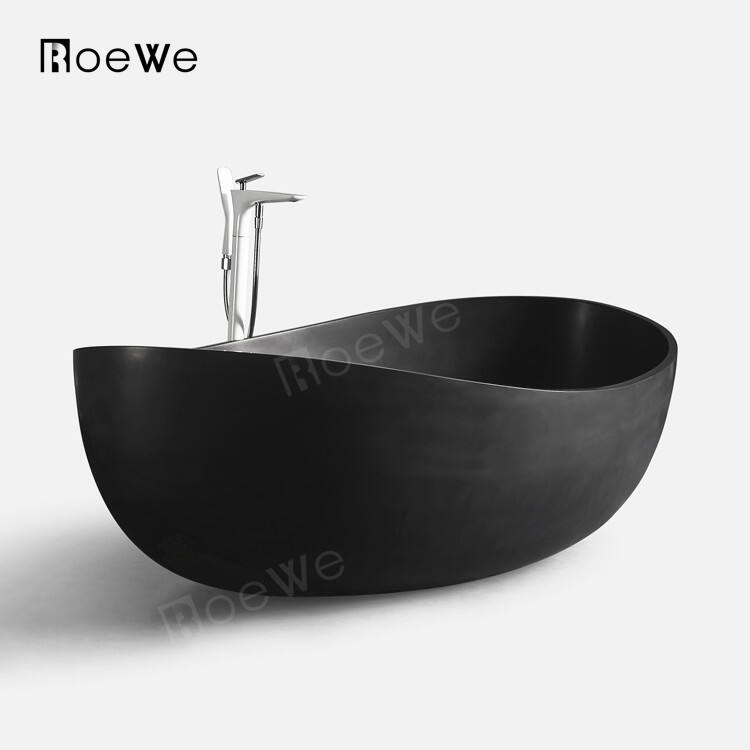 modern black stand free soaking bathtub hot tub, two person large size solid surface composite stone resin stand alone bathtub