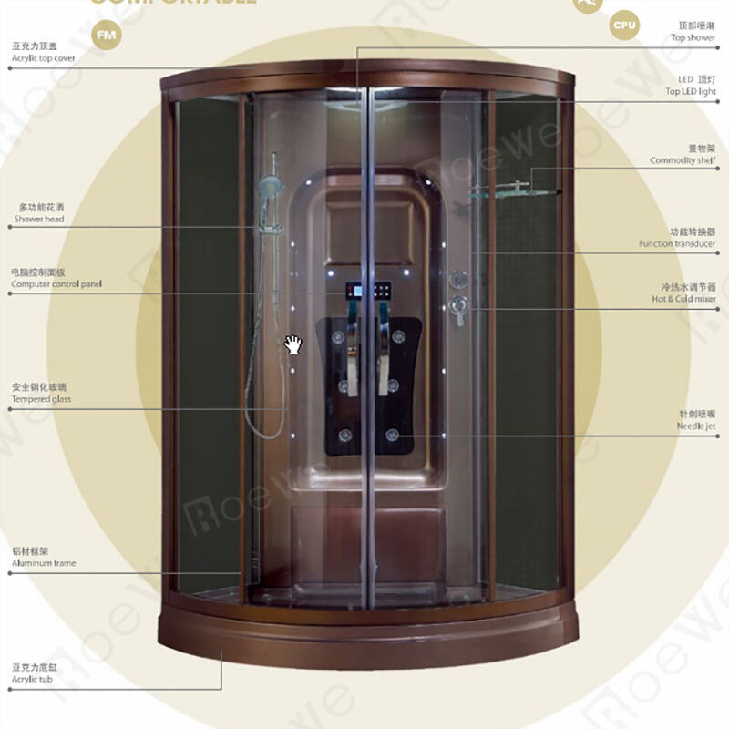 Baño de vapor marrón con ducha de esquina y baño de vapor roewebath