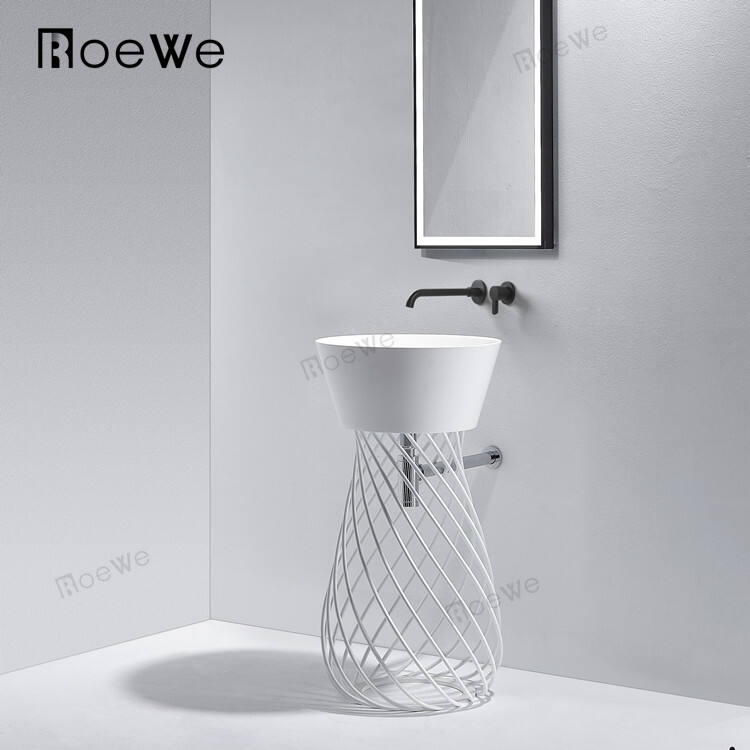 bathroom solid surface freestanding pedestal basin with stainless steel frame