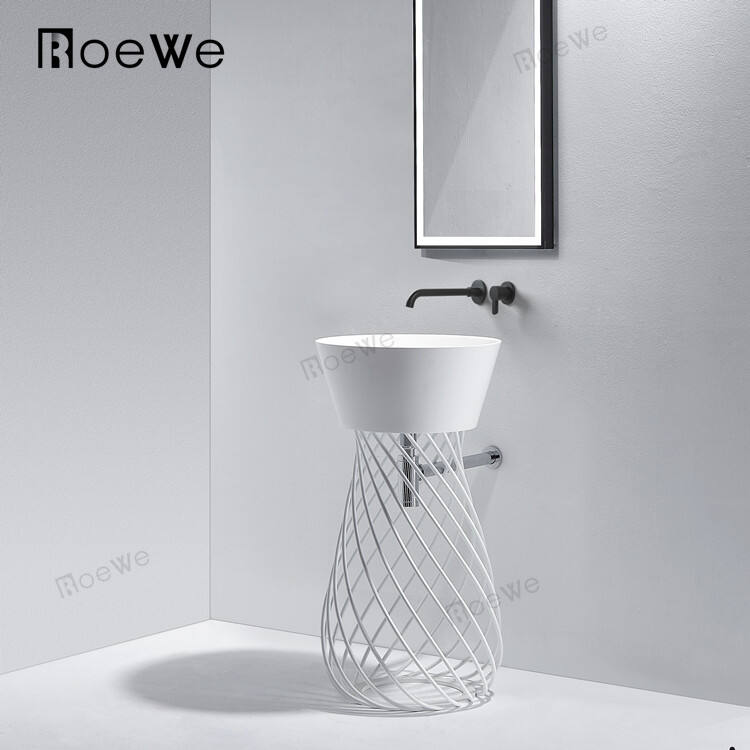 bathroom solid surface freestanding pedestal basin with stainless steel ...