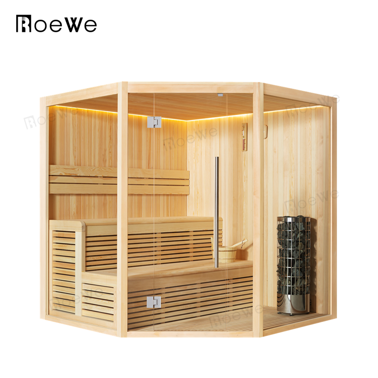 Roewebath-Saunaraum aus Holz mit buntem LED-Lichtdach